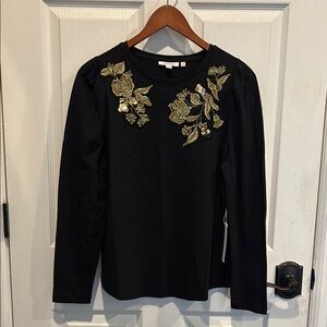 Chico's Black and Gold Embellished Long Sleeve Blouse